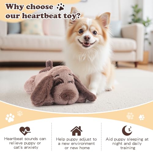 Beverly Shark Puppy Heartbeat Toy Dog Anxiety Relief Calming Aid Puppy Heartbeat Stuffed Animal Behavioral Training Sleep Aid Comfort Soother Plush Toy for Puppies Cats (Brown)