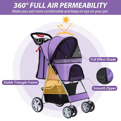 Foldable 4 Wheel Pet Stroller for Dogs Cats 10 (Purple)