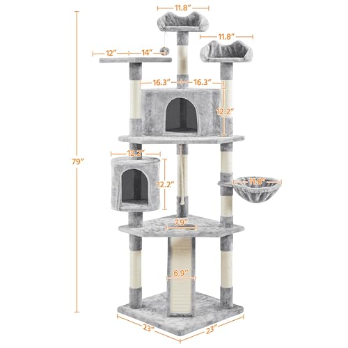79in Multi Level Cat Tree for Multiple Cats with 9 sisal Posts (Light Gray)
