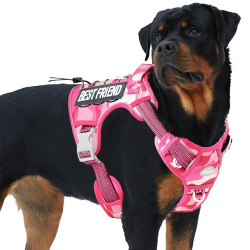 Tactical Dog Harness for Large Dogs (Camo - Pink Camo / XL(Neck:20-31",Chest:26-42"),75-135 lbs)