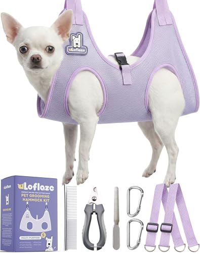 Dog Grooming Hammock Harness for Dogs & Cats with Pet Nail Clipper Trimmer (XS ( Legs Distance :3.2-9" / Max W：20lb ) / Purple)
