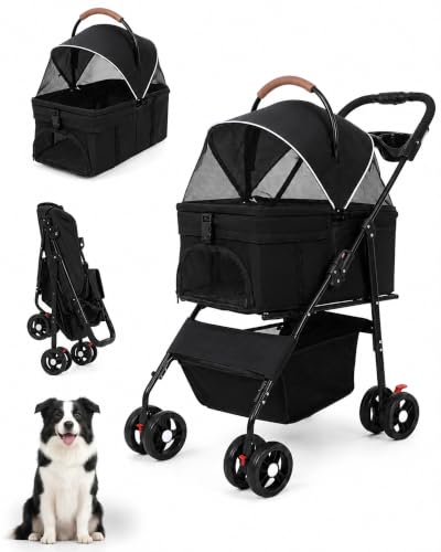 Pet Stroller 3 in1 Foldable Dog Cat Stroller with Detachable Carrier (BLACK)