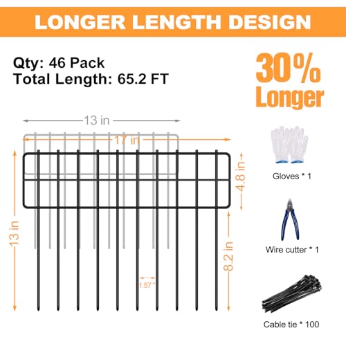 Garden Fence Animal Barrier (46 Panels-65.2ft(L)x13in(H) / Black)