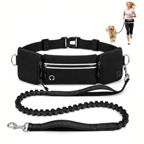 Hands Free Dog Leash 3 Zipper Pounchs with Reflective Strips Poop Bag Dispenser (Black)