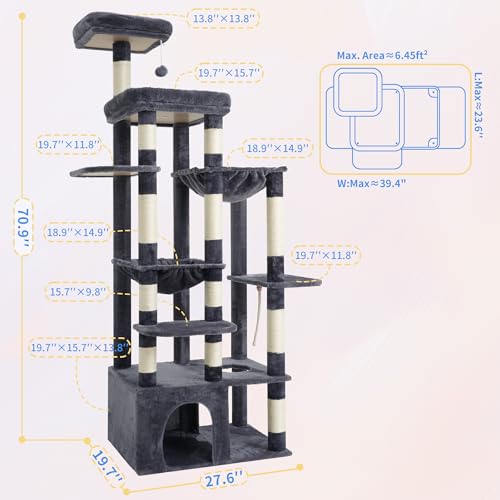 Cat Tree, 71-Inch Tall Cat Tower for Large Maine Coon Cats HCT037G (Smoky Gray / XL)