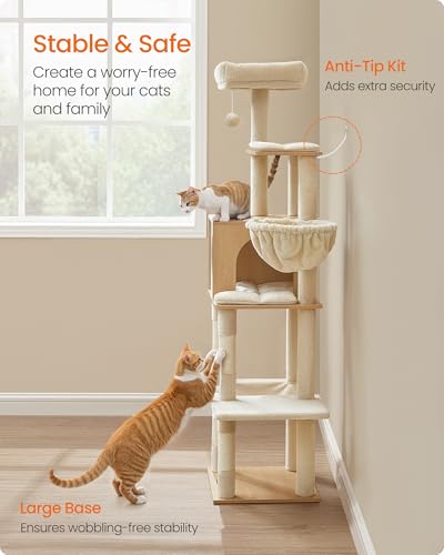 Cat Tree, 65-Inch Tall Cat Tower, Multi-Level Condo with Cave (Almond Yellow)