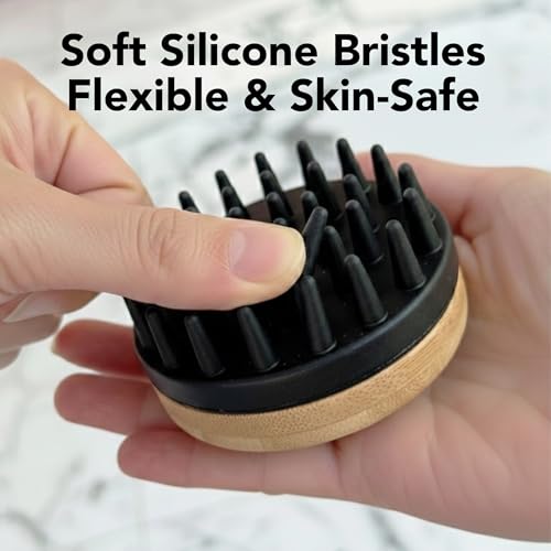 Bath Brush Dog Brush with Silicone Teeth & Bamboo Base to Release Debris & Undercoat