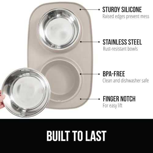 Dog Bowl Set with Feeding Mat (Beige / 2 Cup Bowls)
