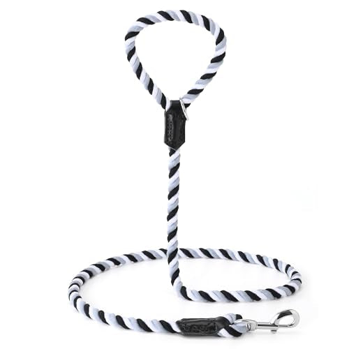 Rainbow Dog Leash Braided Cotton Rope w Leather (Black/Gray / 60 Inch-1/2")