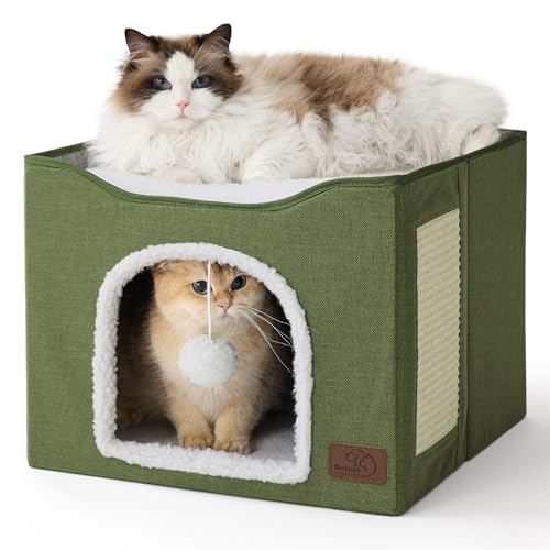 Cat House Bed for Indoor Cats with Fluffy Ball and Scratch Pad (Loden Green / Single)