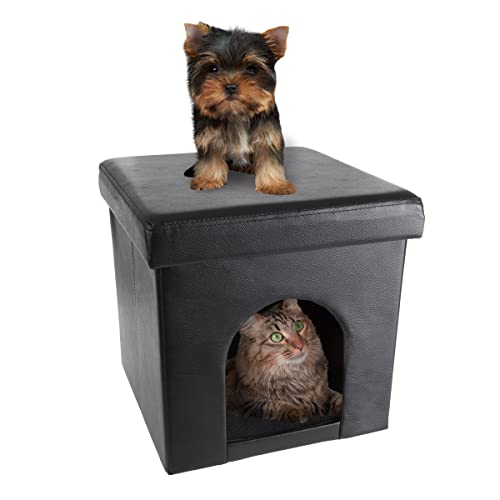 Cat House Collapsible Multipurpose Small Dog or Cat Ottoman with Footrest (Black)