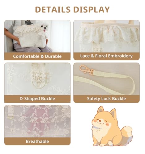 Dog Carrier for Small Dogs Rabbit cat with Lace Design (Beige Lace / 13.0"L x 6.7"W x 10.6"H)