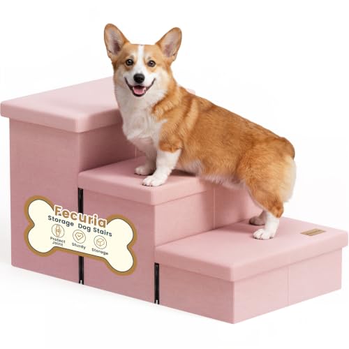 3 Step Wide Dog Stairs with Hidden Storage 18" H (Pink / 30"D x 17"W x 17.7"H)