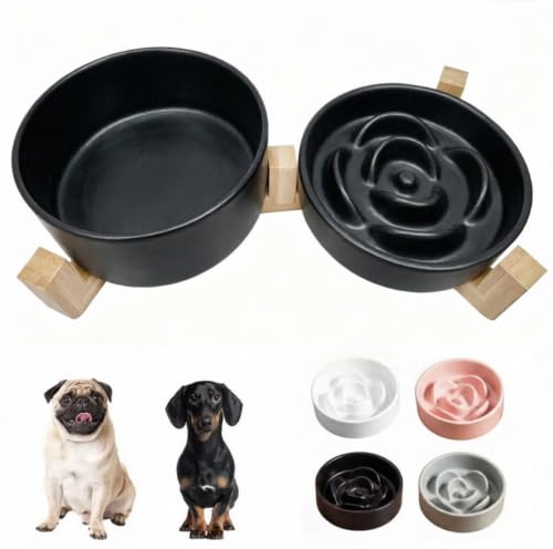 Ceramic Slow Feeder Dog Bowl Set (Black)