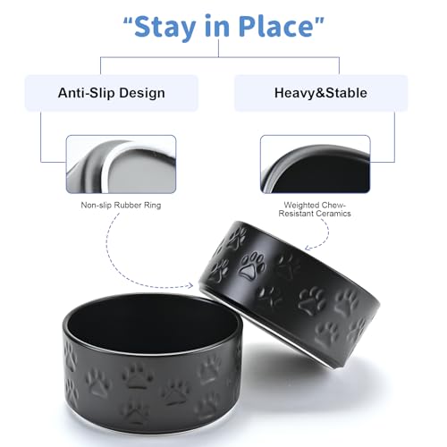 Ceramic Dog and Cat Bowls 2 Pack (5.1 in - 1.7 cups / Paw Black - Only Bowls*2)