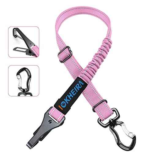 Dog Seatbelt Adjustable Reflective Bungee Harness with Aluminum Swivel Carabiner (Pink)