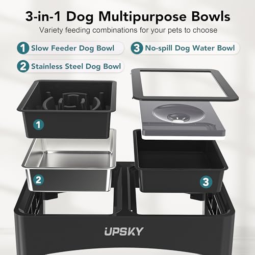 3-in-1 Elevated Dog Bowls Set with 4 Height Adjustable Stand, Balck (C-3 in 1 (Black))