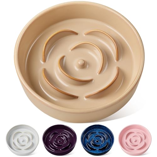 Ceramic Slow Feeder Dog Bowls (L - 3 Cups / Khaki)
