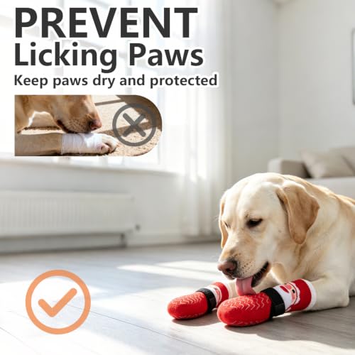 Anti Slip Dog Socks to Prevent Licking Paws for Hot Pavement (White & Red / Large)