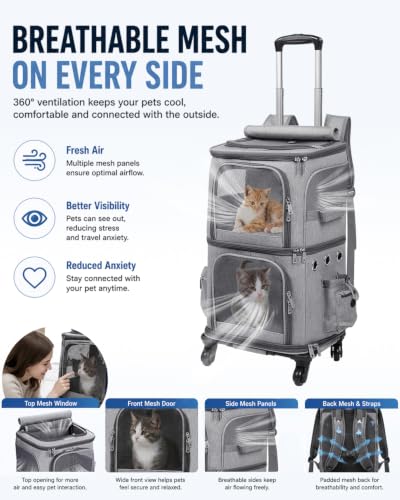 Double Compartment Cat Carrier Backpack with Wheels for Two Pets (14.6"L x 11.2"W x 21.6"H / Grey)