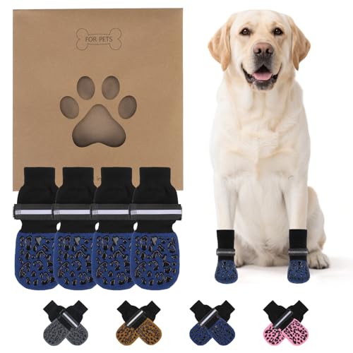 Anti Slip Dog Socks to Prevent Licking Paws (Navy Blue Reflective / Small/Medium (4 Pack))