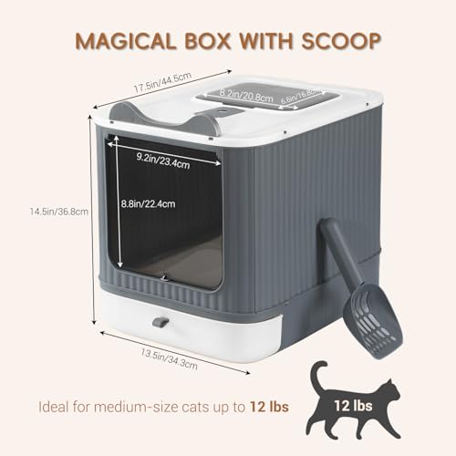 Foldable Enclosed Cat Litter Box with Lid (White&Grey)
