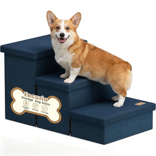 3 Step Wide Dog Stairs with Hidden Storage 18" H (Navy / 30"D x 17"W x 17.7"H)