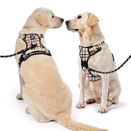Reflective Dog Harness for Large Dogs (Checkered Beige / Large)