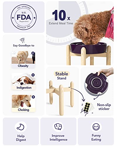 Ceramic Slow Feed Dog Bowls (Maze Purple+Stand / M-1.5 Cups)