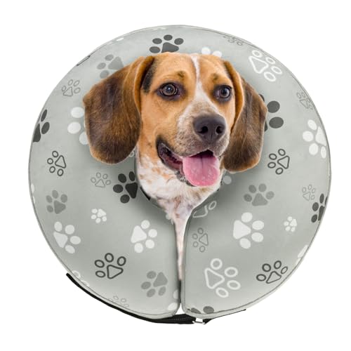 Dog Cone Alternative After Surgery Donut Collar Soft (Grey Footprints / M(Neck 13"-16"))