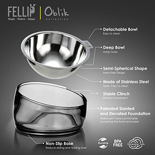 Pet Oblik Acrylic Raised Dog Food Water Bowl Stainless Steel Slanted Oval Dish for Short Leg Puppy & Small Medium Pet (Smoky / 1.5 Cups Oval Dish)