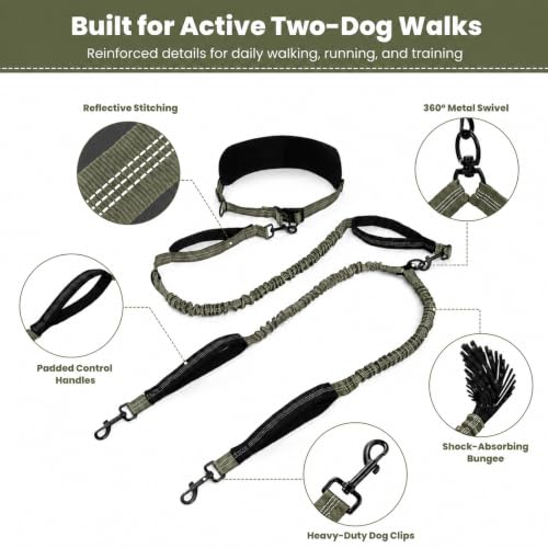 Hands Free Double Dog Leash (Olive Green)