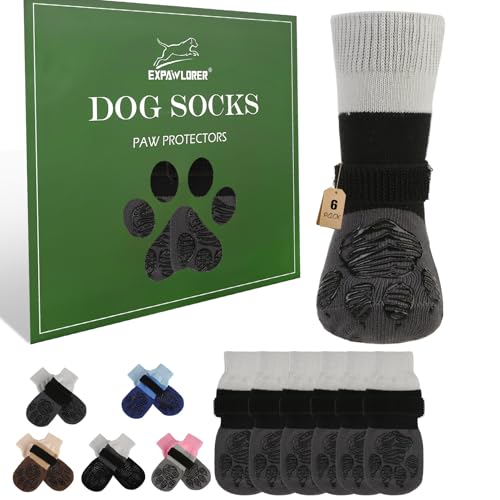Non Slip Dog Socks for Hardwood Floors to Prevent Licking Paw M (Medium(6 Pack) / Grey)