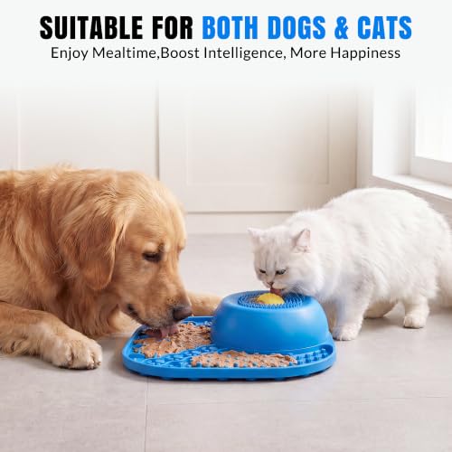 Slow Feeder Dog Bowl with Rotating Lick Ball Blue (Blue)