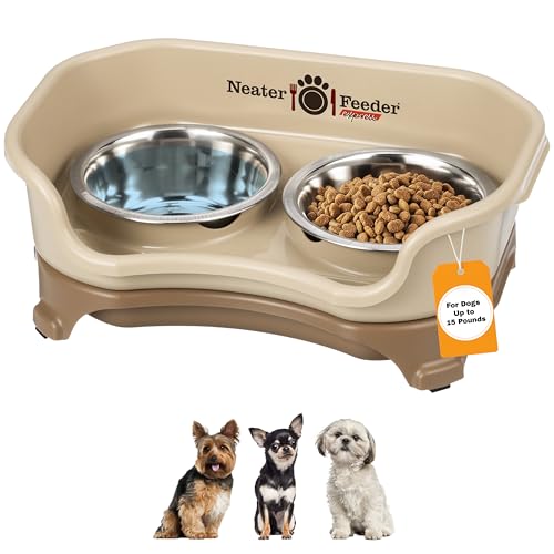 Express Mess Proof Dog Bowls Elevated for Small Breeds under 15 Lb (Small w/ Standard Bowls / Cappuccino)