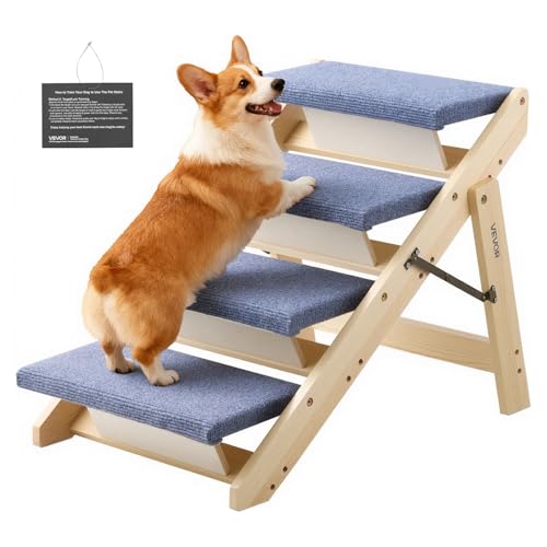 Wood Pet Stairs (Wood Color+Blue / 4-Step Foldable)