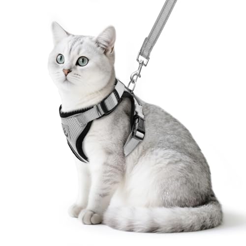 Cat Harness and Leash Set Escape Proof Reflective Cat Walking Harness Adjustable Soft Breathable Mesh Vest for Small Pets (M (NECK 11"-13.7", CHEST 16"-20") / Grey)