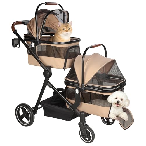 Foldable Double Pet Stroller for 2 Small Medium Cats Dogs (Khaki / Double)