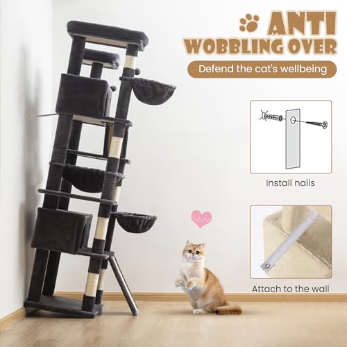 81in Multi Level Tall Cat Tree Tower for Indoor Kitties (Dark Grey)