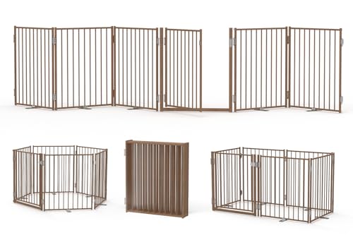 Freestanding Dog Gate with Door for Indoor & Outdoor (Brown / 【6 Panels with Door】156"W×30"H)