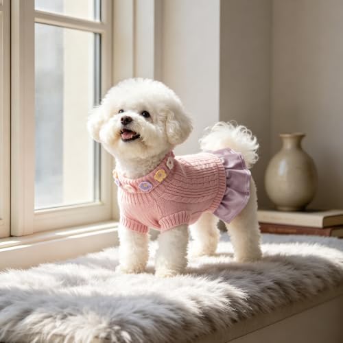 Small Dog Sweater Dress with Bowtie Turtleneck (Small (5-8lbs) / Dusty Pink)