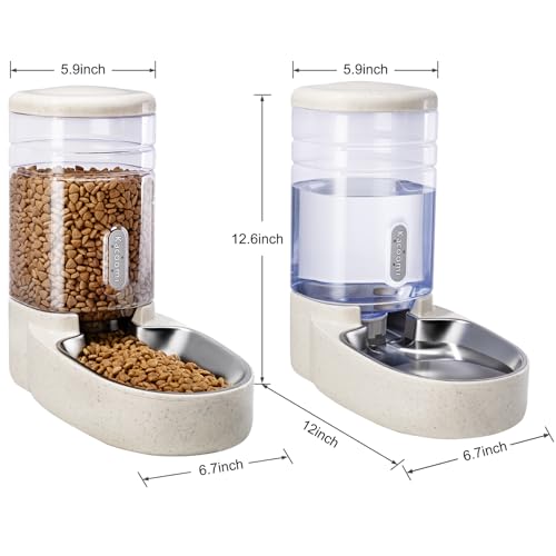 Automatic Cat Feeder and Water Dispenser with Stainless Steel Bowl Gravity Food Feeder and Waterer Set for Small Medium Dog Puppy Kitten 1 Gallon x 2 (Stainless Steel-Beige)