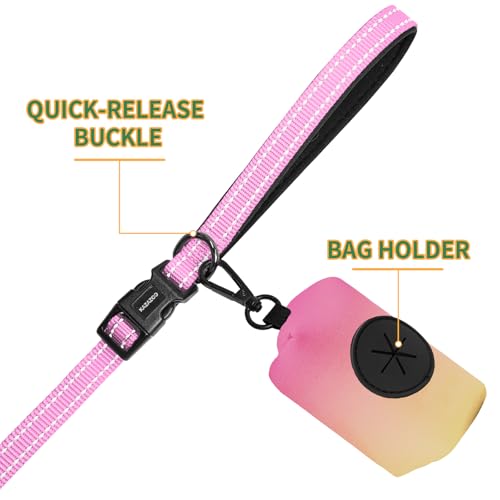 Hands Free Dog Leash with Poop Bag Holder (Pink)
