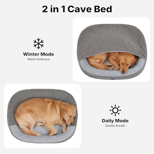2-in-1 Dog Cave Bed with Cover, Covered Dog Bed for Large Dogs (Gray / 48"L x 35"W x8"Th)
