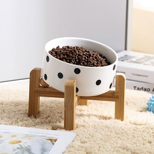 Raised Elevated 15°Slanted Ceramic Dog Bowl for Small Breeds (Black Dot / 1.7 CUPS - Puppy/Small Dogs & Cat Bowls)