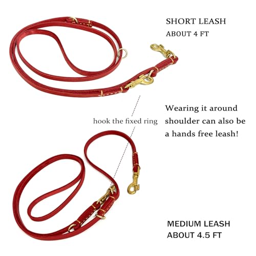 Multi Function 8ft Genuine Leather Hands Free Dog Training Leash for Puppy Small and Medium Dogs (Red / 8ft*3/8inch)