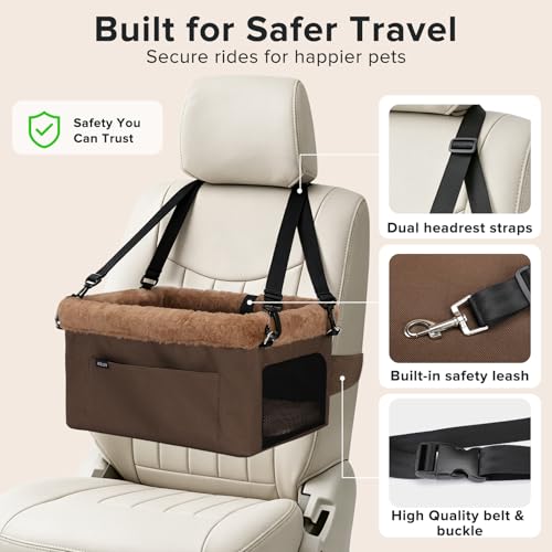 Deluxe Dog Booster Seat with Sturdy Metal Frame and Safety Leash for Small Pets up to 20 lbs (Bronw)