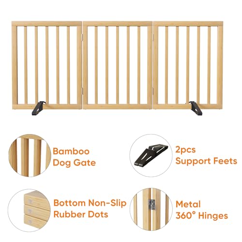 Dog Gates for Doorways Stairs (Bamboo Dog Gate Natural / 3 Panel - 55 inches Wide)