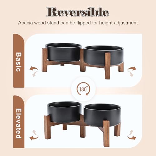 Ceramic Dog Bowls with Acacia Wood Stand (28.74 Oz / Black)