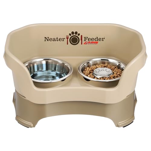 Neater Feeder Deluxe Mess Proof Dog Bowls Elevated for Medium Sized Breeds (Medium with Slow Feed Bowl / Cappuccino)